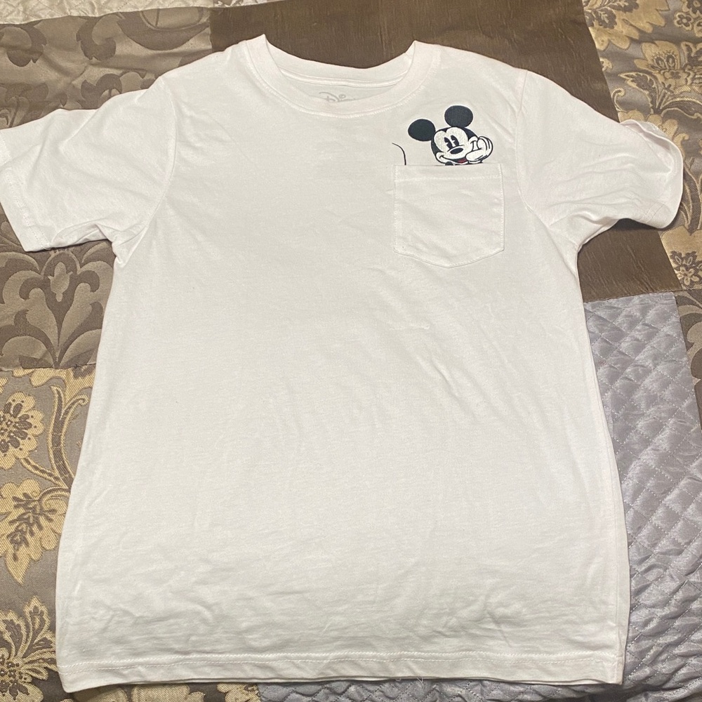 White T-Shirt with Mickey Mouse Embroidered at Pocket